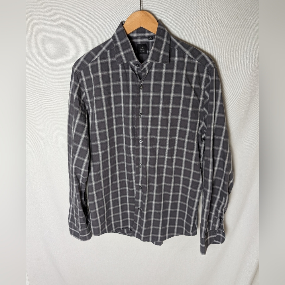 Saks Fifth Avenue Gray And White Plaid Long Sleeve Collared Shirt Size Medium